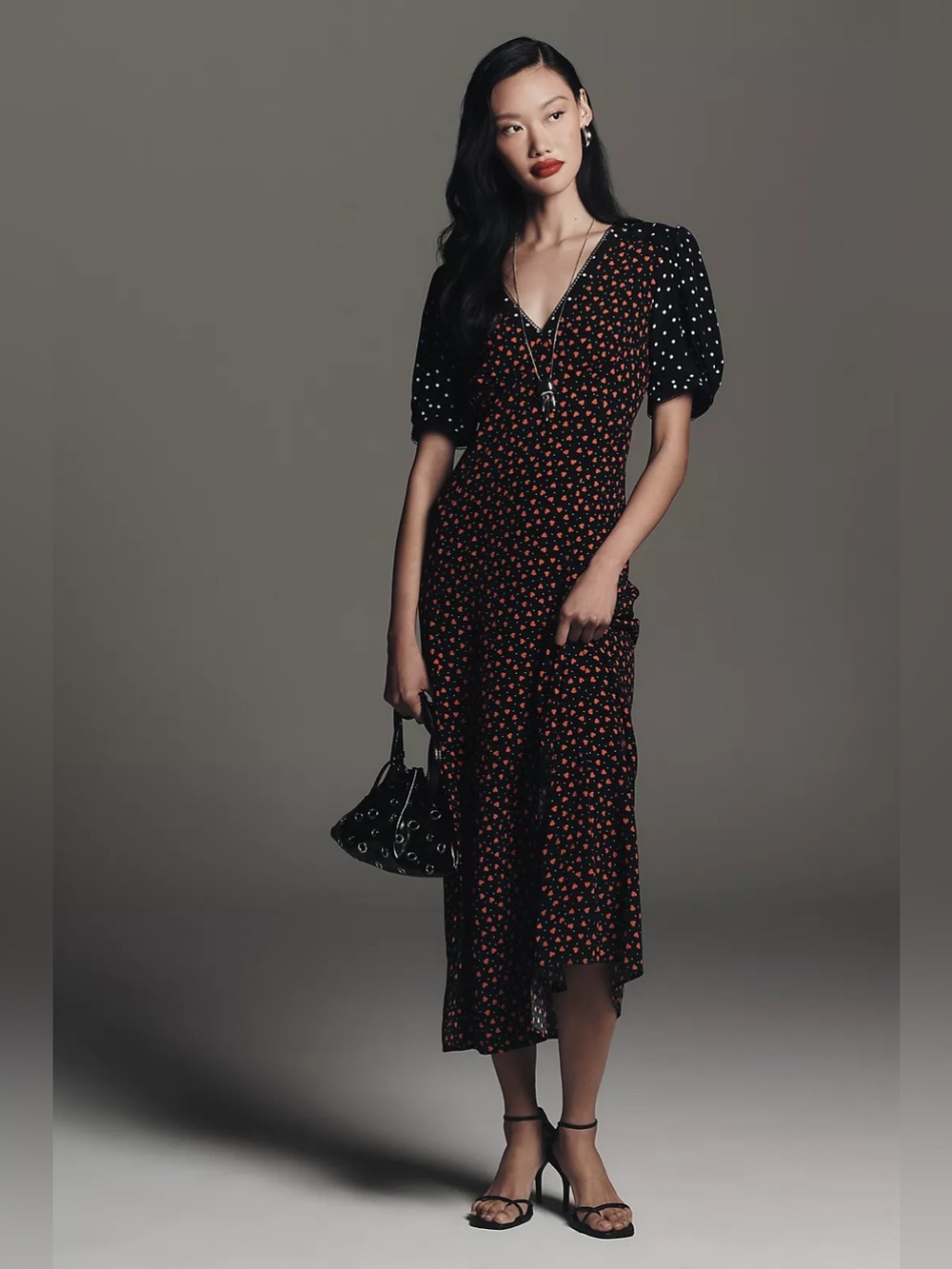 Maeve Anthropologie Heart Print Puff Sleeve Midi Dress NWT L Petite